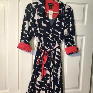 Long Sleeve Dark Navy Wrap Dress with Pink Accent